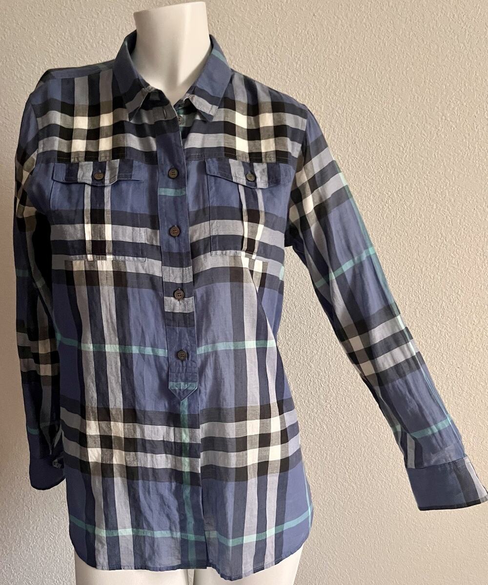 Burberry Brit Blue Check Plaid Shirt Women’s M 100% Cotton Long Sleeve Button Up